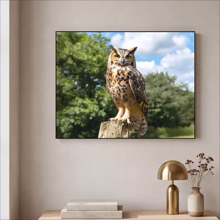 Uil - Boomstronk - Bos - Lucht Textielframe zwart klein -sfeer2