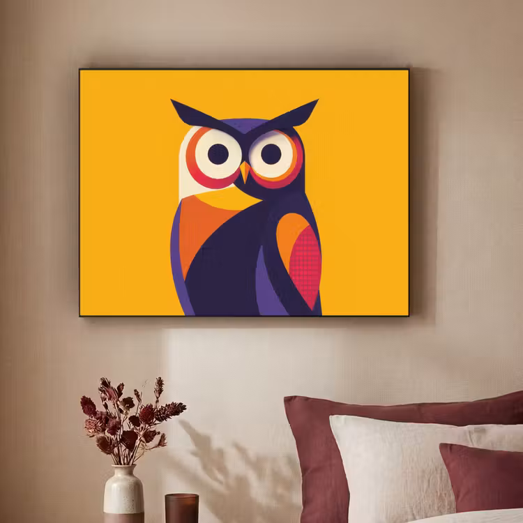 Uil - Grafisch - Kleurrijk - Ogen Textielframe - compleet frame klein -sfeer1