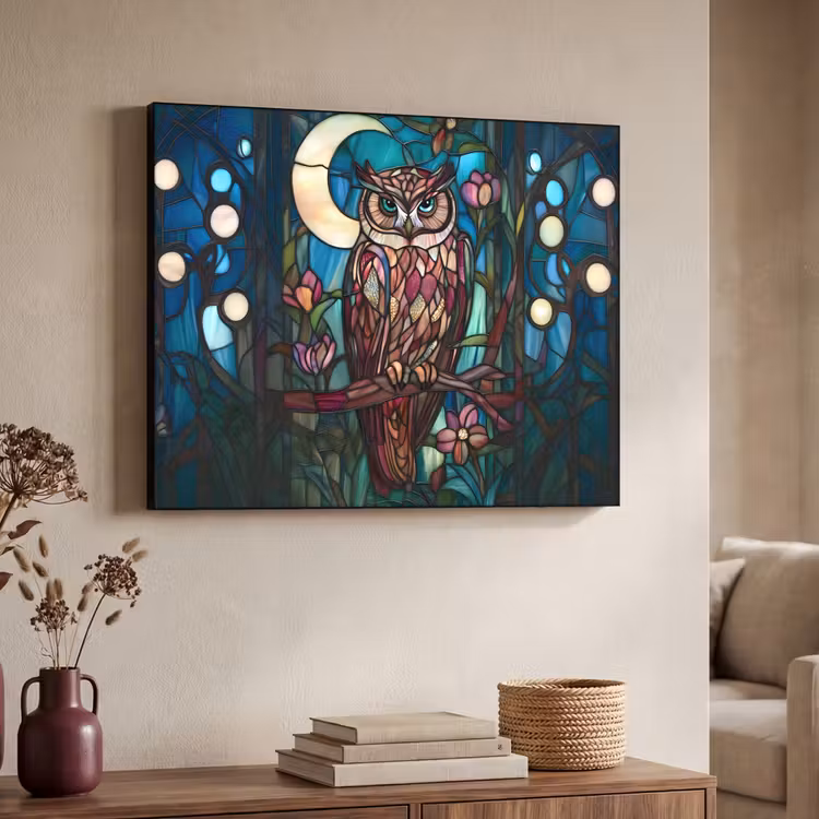 Uil - Mozaïek - Maan - Nacht Textielframe zwart klein -sfeer3