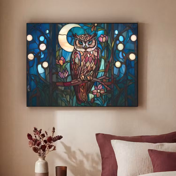 Uil - Mozaïek - Maan - Nacht Textielframe - compleet frame klein -sfeer1
