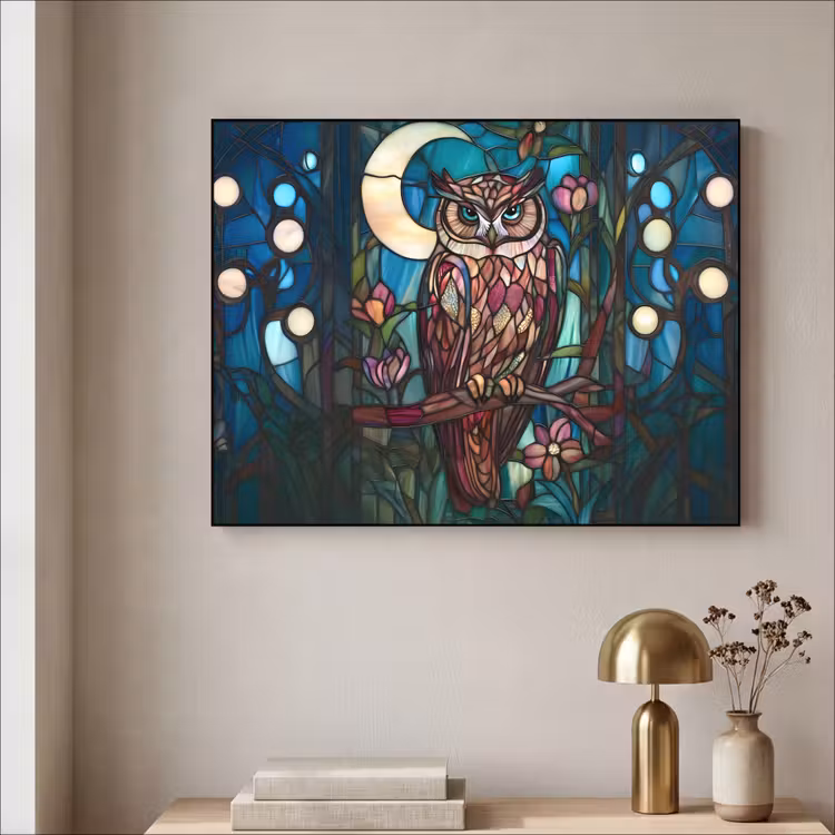 Uil - Mozaïek - Maan - Nacht Textielframe zwart klein -sfeer2