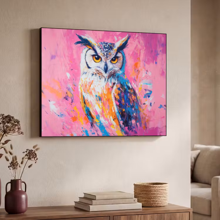 Uil - Roze - Blauw - Verf - Abstract Textielframe zwart klein -sfeer3
