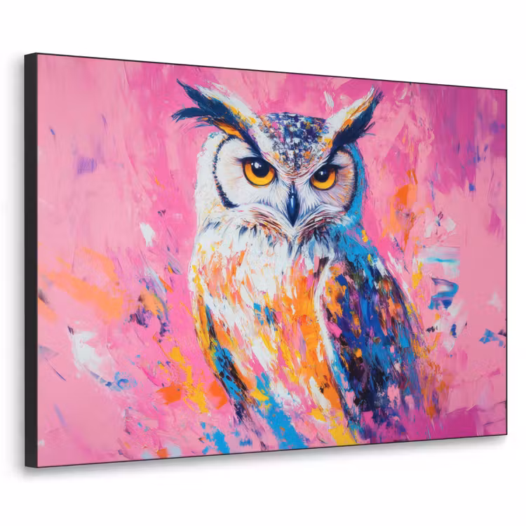 Uil - Roze - Blauw - Verf - Abstract Textielframe zwart klein -3d