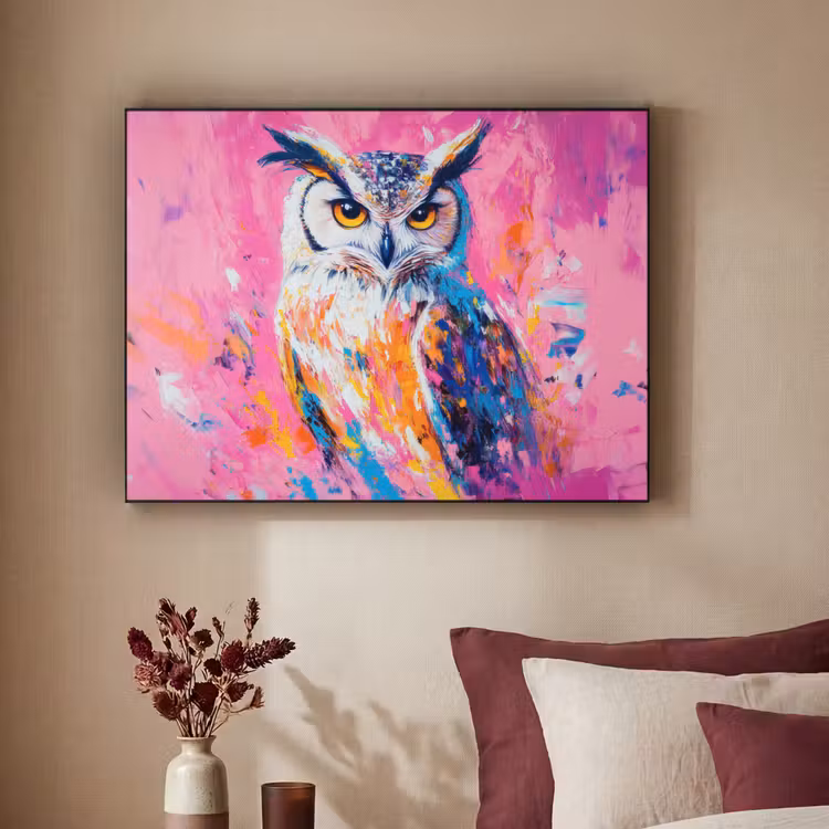 Uil - Roze - Blauw - Verf - Abstract Textielframe - compleet frame klein -sfeer1