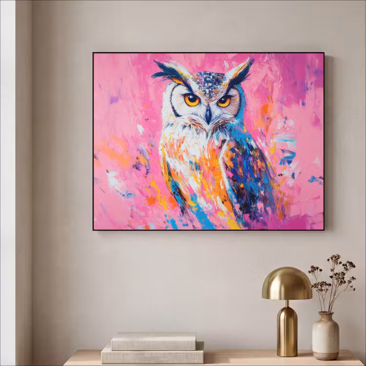 Uil - Roze - Blauw - Verf - Abstract Textielframe - compleet frame klein -sfeer2