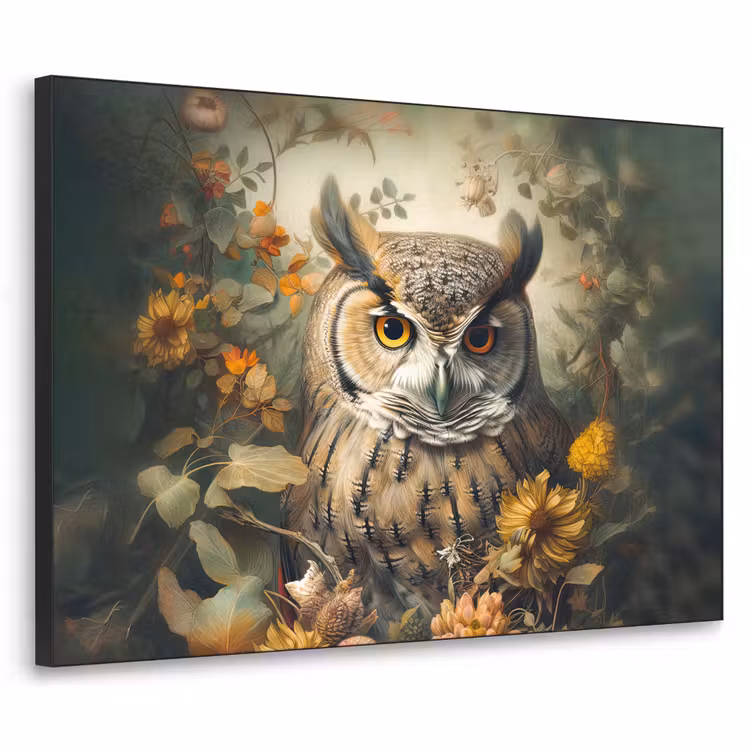 Uil - Vogels - Bloemen - Natuur Textielframe zwart klein -3d