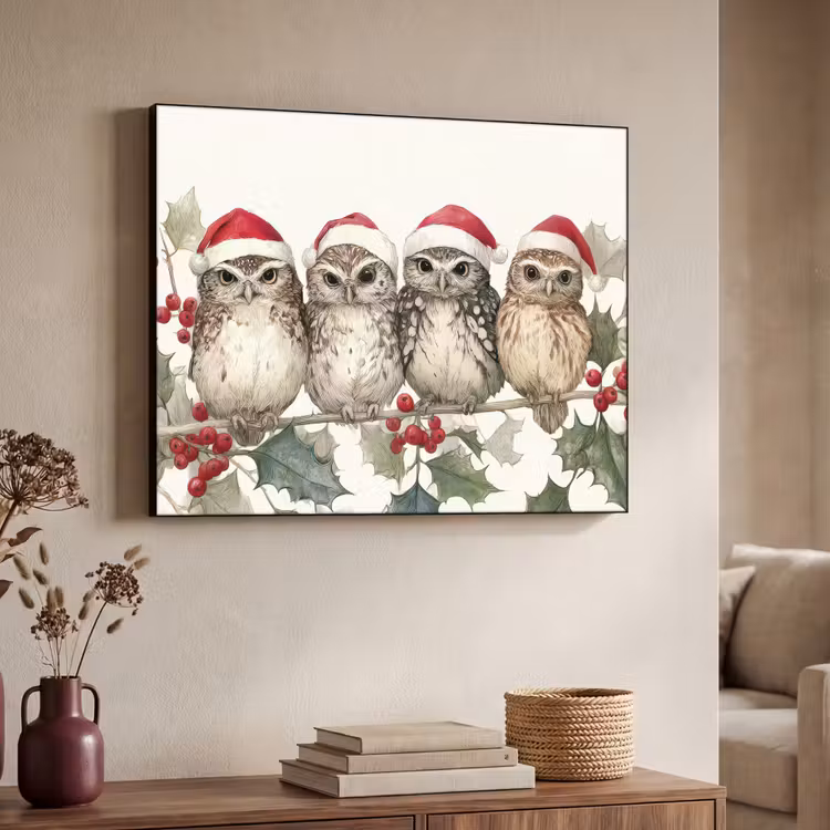 Uilen - Tak - Hulstblaadjes - Kerstmuts Textielframe zwart klein -sfeer3