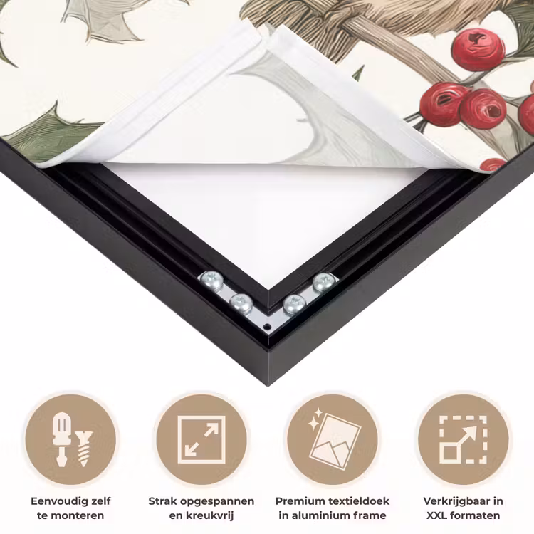 Uilen - Tak - Hulstblaadjes - Kerstmuts Textielframe zwart klein -USP_feed_closeupNL
