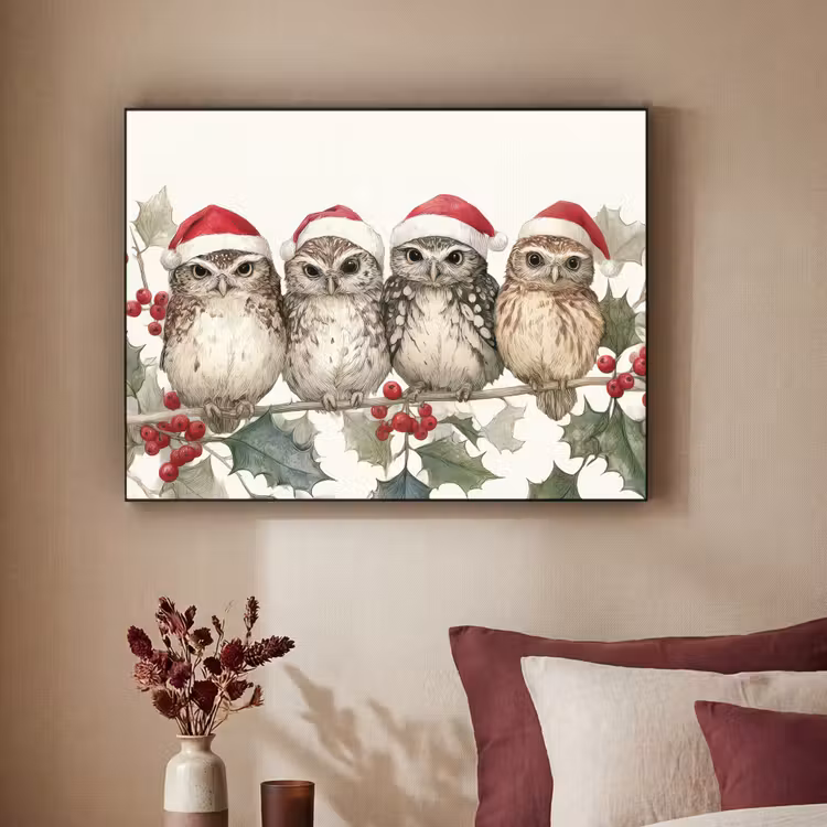 Uilen - Tak - Hulstblaadjes - Kerstmuts Textielframe zwart klein -sfeer1