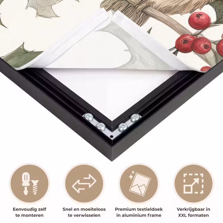 Uilen - Tak - Hulstblaadjes - Kerstmuts Textielframe zwart klein -USP_closeupNL
