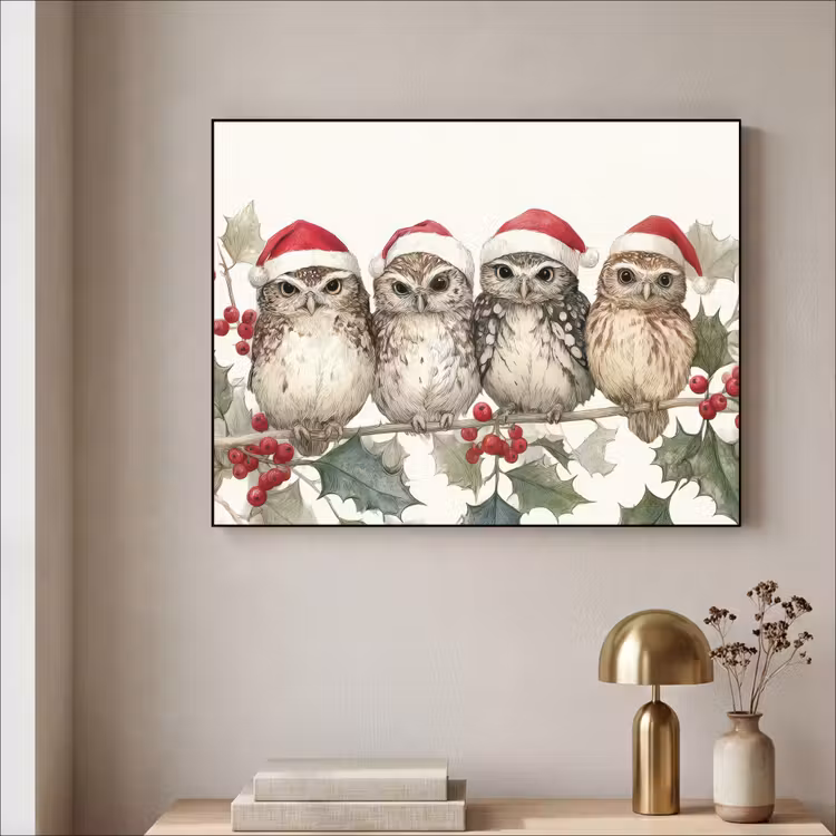 Uilen - Tak - Hulstblaadjes - Kerstmuts Textielframe - compleet frame klein -sfeer2