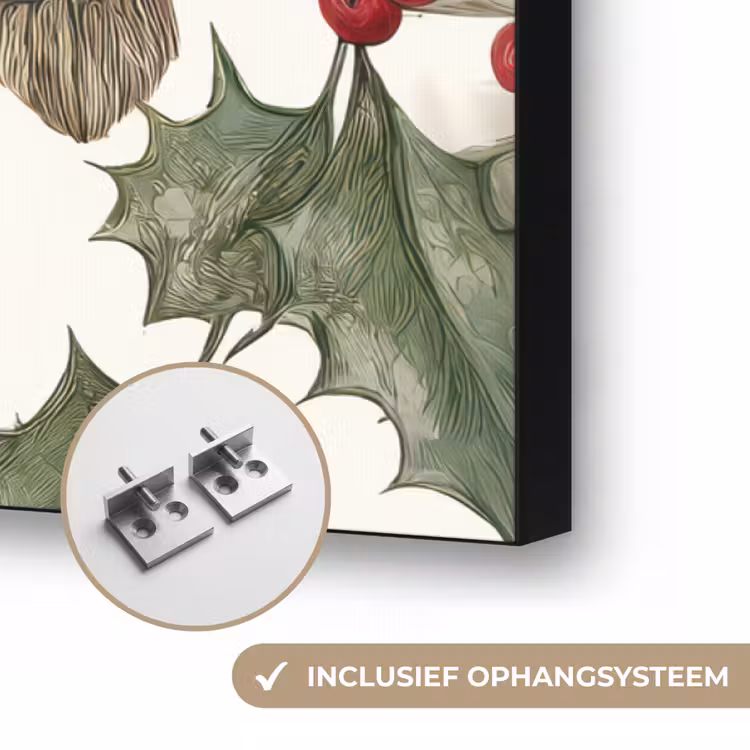 Uilen - Tak - Hulstblaadjes - Kerstmuts Textielframe zwart klein -USP_ophangsysteemNL