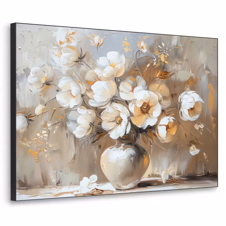Vaas - Bloemen - Kunst - Goud Textielframe - compleet frame klein -3d