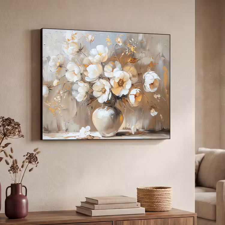 Vaas - Bloemen - Kunst - Goud Textielframe - compleet frame klein -sfeer3