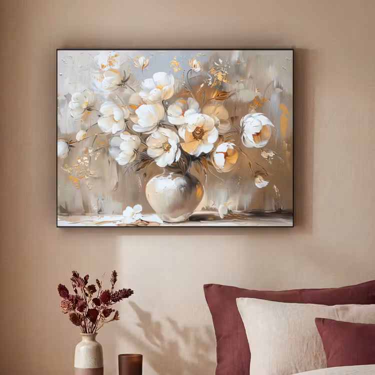 Vaas - Bloemen - Kunst - Goud Textielframe - compleet frame klein -sfeer1