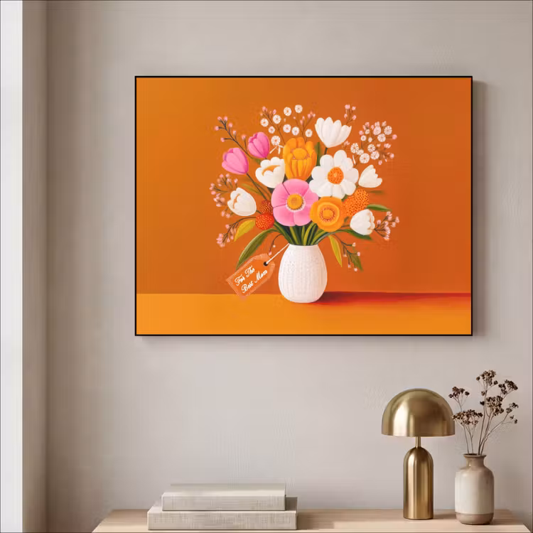 Vaas - Bloemen - Oranje Textielframe - compleet frame klein -sfeer2