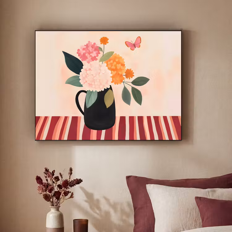 Vaas - Bloemen - Vlinder - Rood Textielframe zwart klein -sfeer1