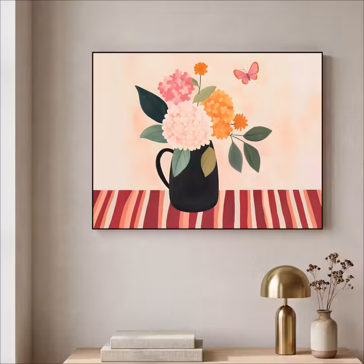 Vaas - Bloemen - Vlinder - Rood Textielframe zwart klein -sfeer2