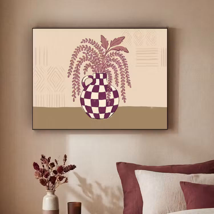 Vaas - Geruit - Planten - Modern - Paars Textielframe zwart klein -sfeer1