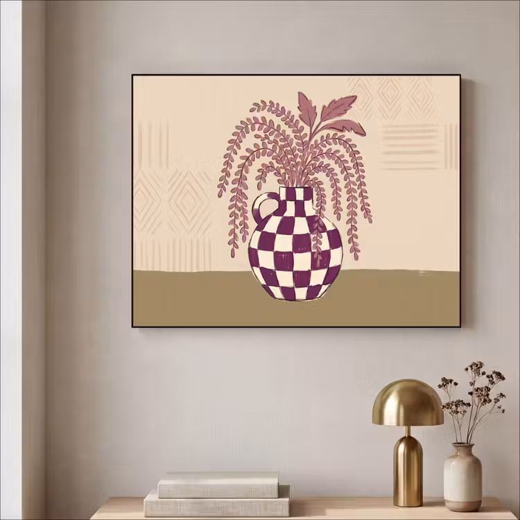 Vaas - Geruit - Planten - Modern - Paars Textielframe zwart klein -sfeer2