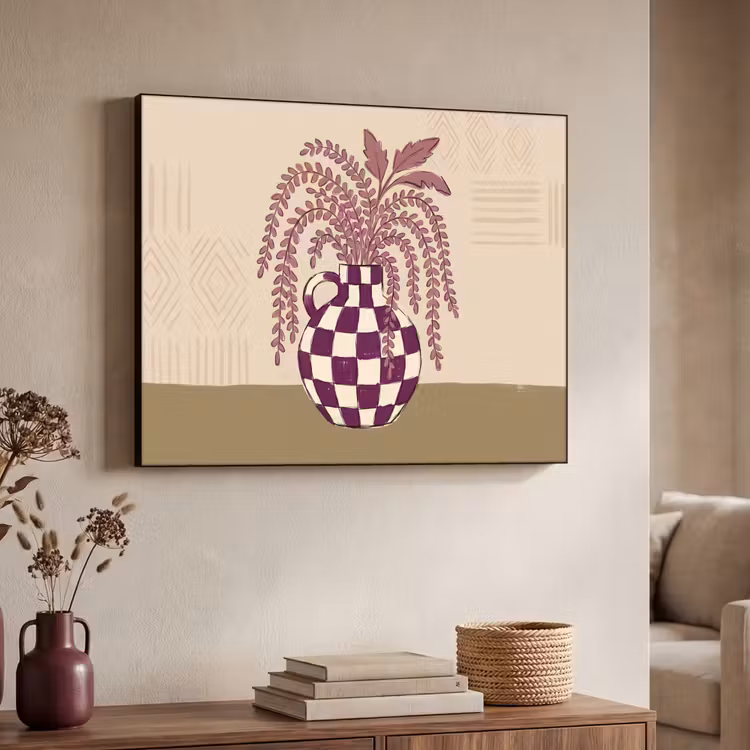 Vaas - Geruit - Planten - Modern - Paars Textielframe zwart klein -sfeer3