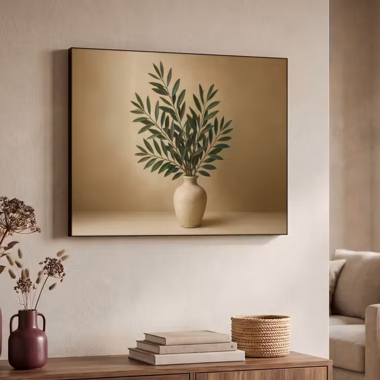 Vaas - Olijftakken - Bladeren - Beige Textielframe zwart klein -sfeer3