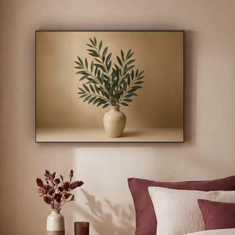 Vaas - Olijftakken - Bladeren - Beige Textielframe zwart klein -sfeer1