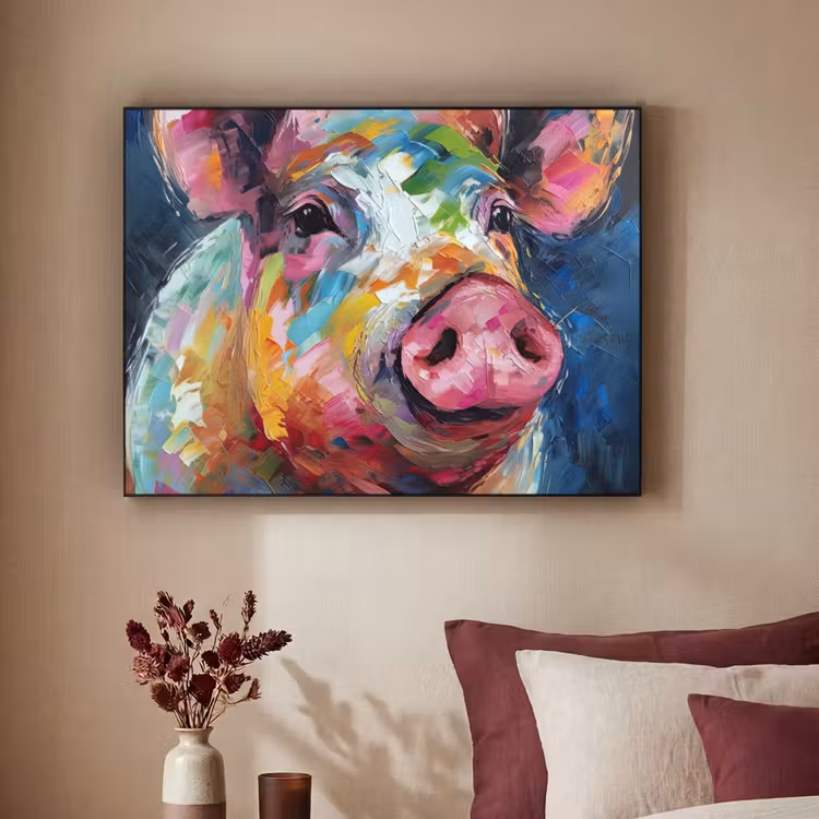 Varken - Olieverf - Dieren - Kunst Textielframe zwart klein -sfeer1