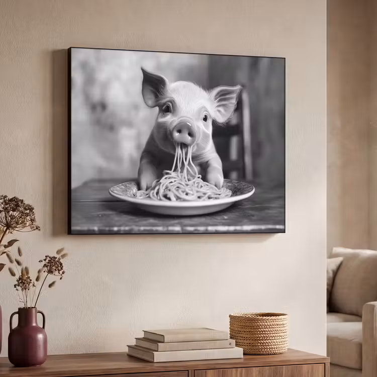 Varken - Schattig - Spaghetti - Zwart wit - Dier Textielframe - compleet frame klein -sfeer3