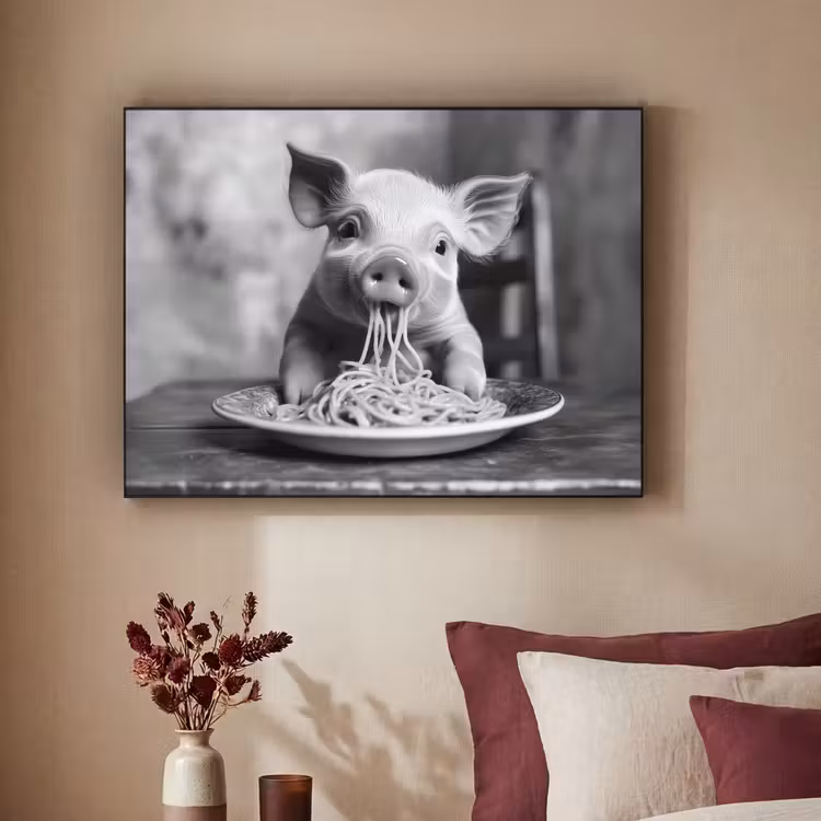 Varken - Schattig - Spaghetti - Zwart wit - Dier Textielframe - compleet frame klein -sfeer1