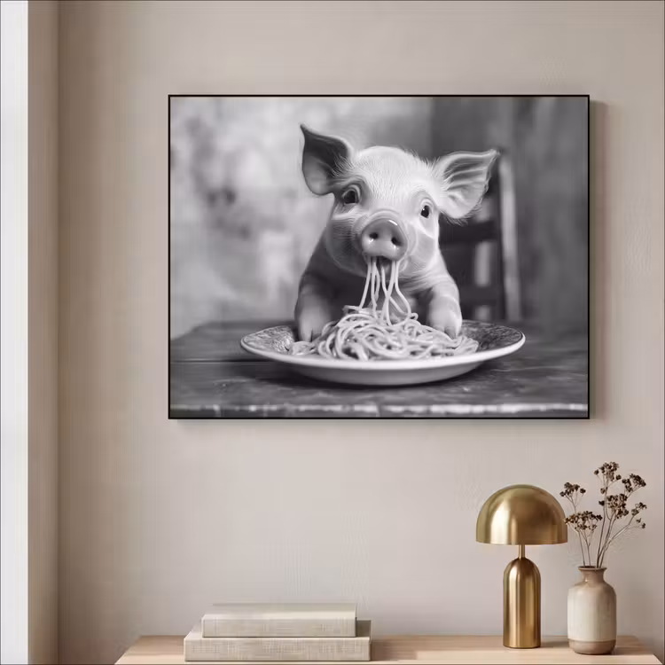 Varken - Schattig - Spaghetti - Zwart wit - Dier Textielframe zwart klein -sfeer2