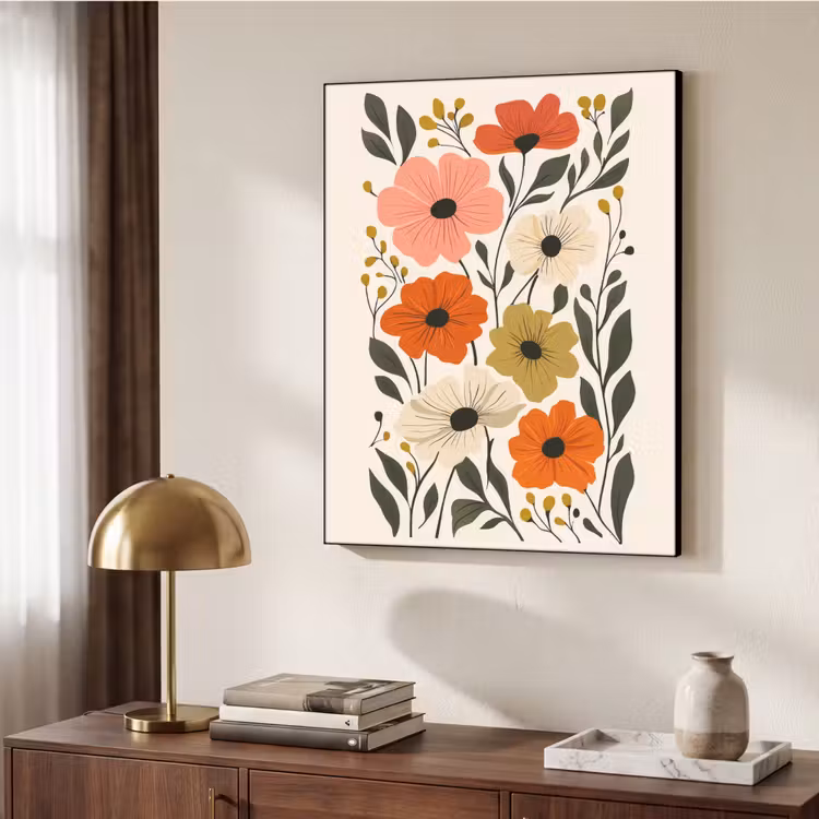 Veldbloemen - Stengels - Blaadjes - Groen Textielframe zwart klein -sfeer3