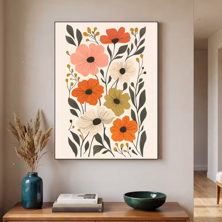 Veldbloemen - Stengels - Blaadjes - Groen Textielframe - compleet frame klein -sfeer1