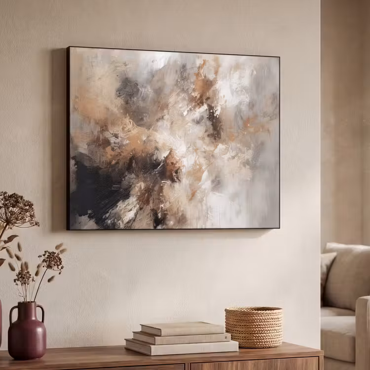 Verf - Abstract - Beige - Kunst Textielframe zwart klein -sfeer3