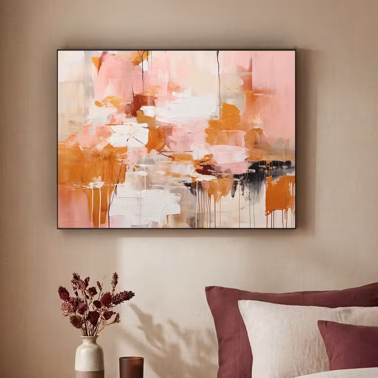Verf - Roze - Oranje - Abstract - Kunst Textielframe zwart klein -sfeer1