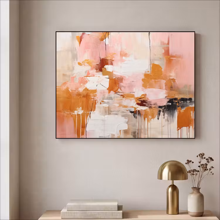 Verf - Roze - Oranje - Abstract - Kunst Textielframe zwart klein -sfeer2