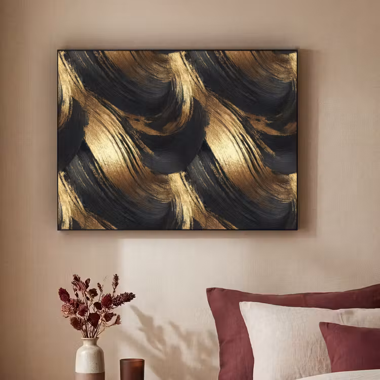 Verfstreken - Abstract - Goud - Zwart Textielframe zwart klein 947 -sfeer1