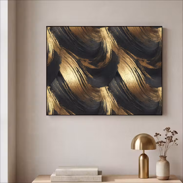 Verfstreken - Abstract - Goud - Zwart Textielframe zwart klein 947 -sfeer2