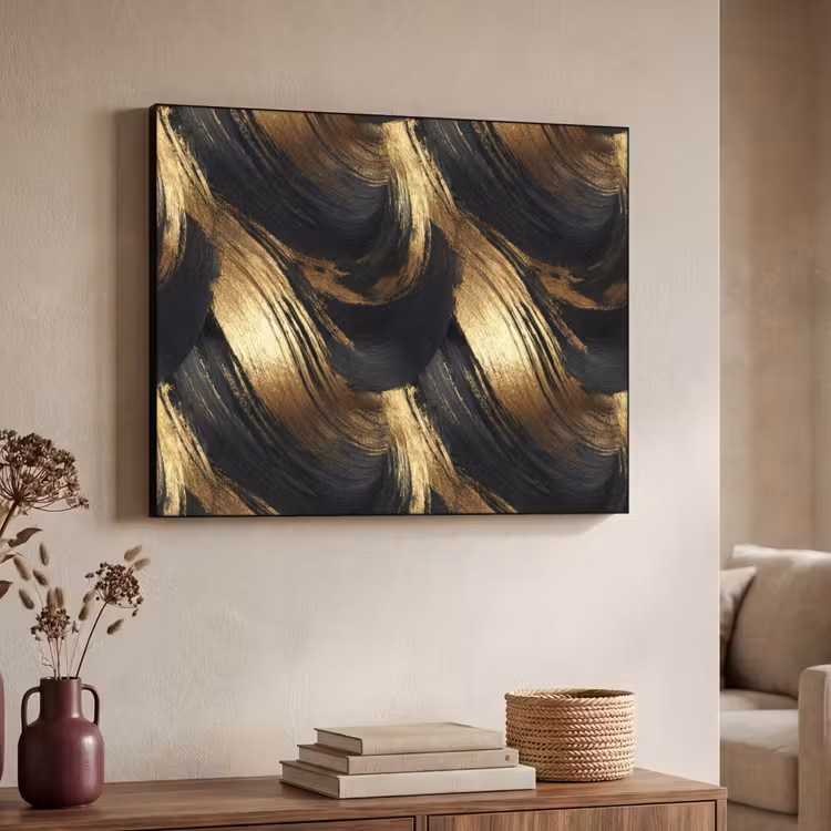 Verfstreken - Abstract - Goud - Zwart Textielframe zwart klein 947 -sfeer3