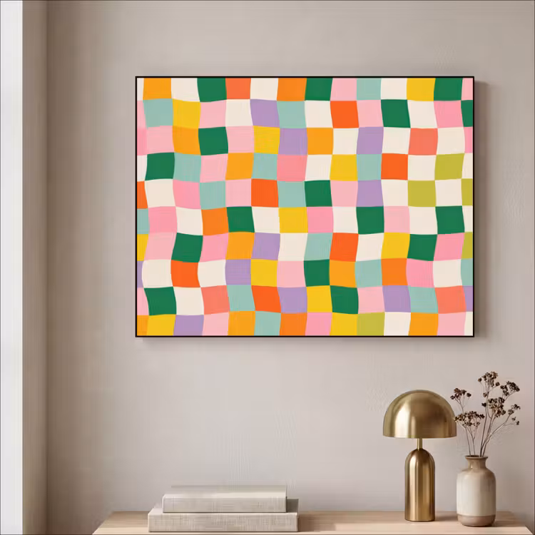 Vierkanten - Kleurrijk - Golvend Textielframe zwart klein -sfeer2