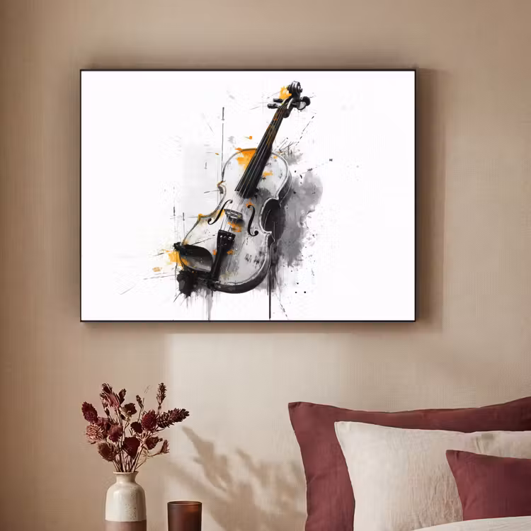 Viool - Oranje - Zwart - Penseelstreken Textielframe - compleet frame klein -sfeer1
