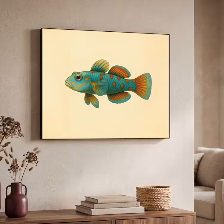 Vis - Blauw - Stippen - Schubben Textielframe - compleet frame klein -sfeer3