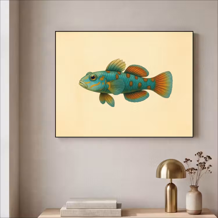 Vis - Blauw - Stippen - Schubben Textielframe - compleet frame klein -sfeer2
