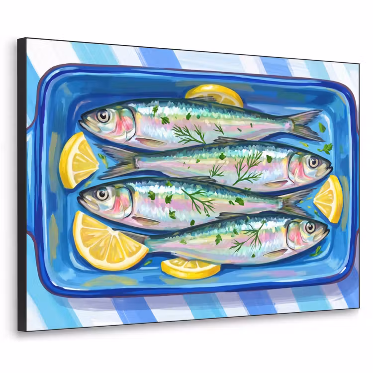 Vis - Citroen - Kruiden - Eten - Blauw Textielframe zwart klein -3d
