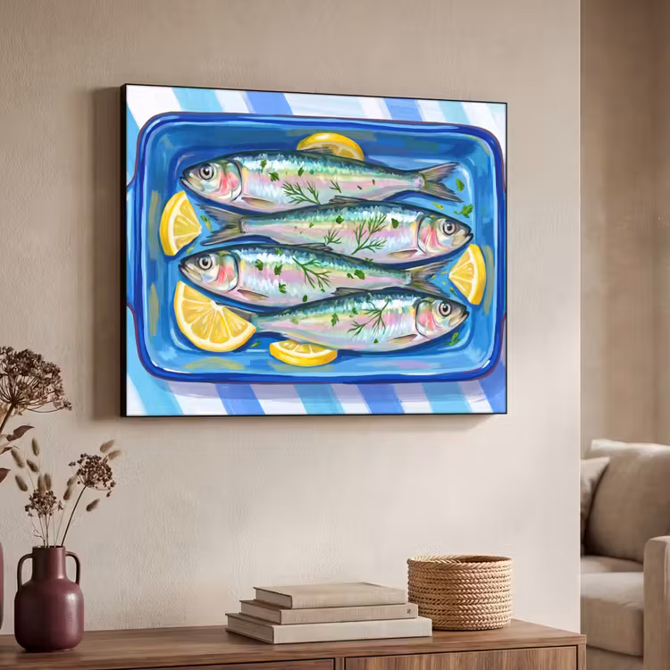 Vis - Citroen - Kruiden - Eten - Blauw Textielframe zwart klein -sfeer3