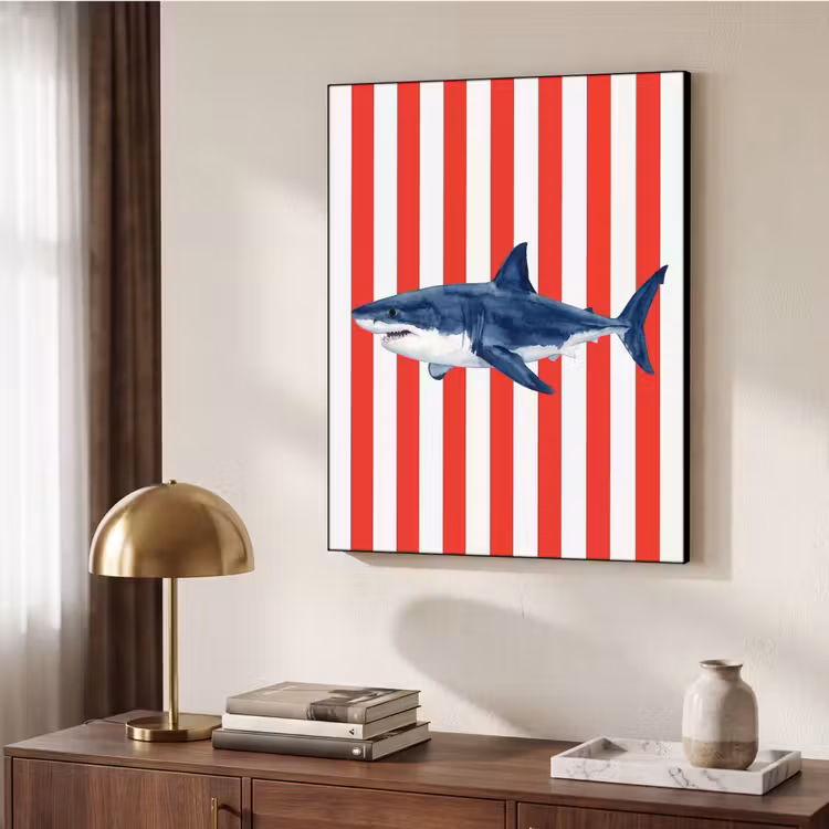 Vis - Haai - Zee - Illustratie - Blauw Textielframe zwart klein -sfeer3