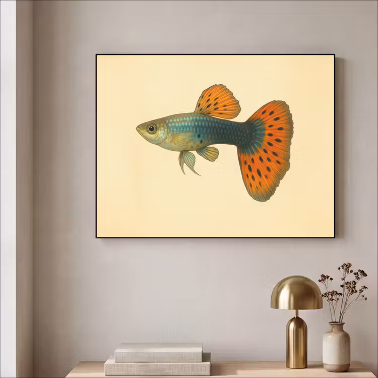 Vis - illustratie - Stippen - Oranje Textielframe - compleet frame klein -sfeer2