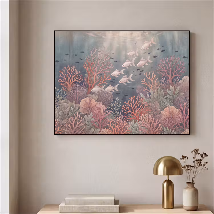 Vis - Koraal - Onderwater - Illustratie - Vintage Textielframe zwart klein -sfeer2