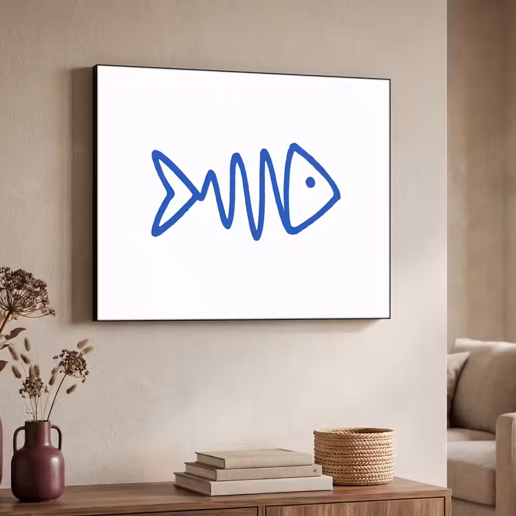 Vis - Minimalistisch - Blauw - Lijn Textielframe zwart klein -sfeer3