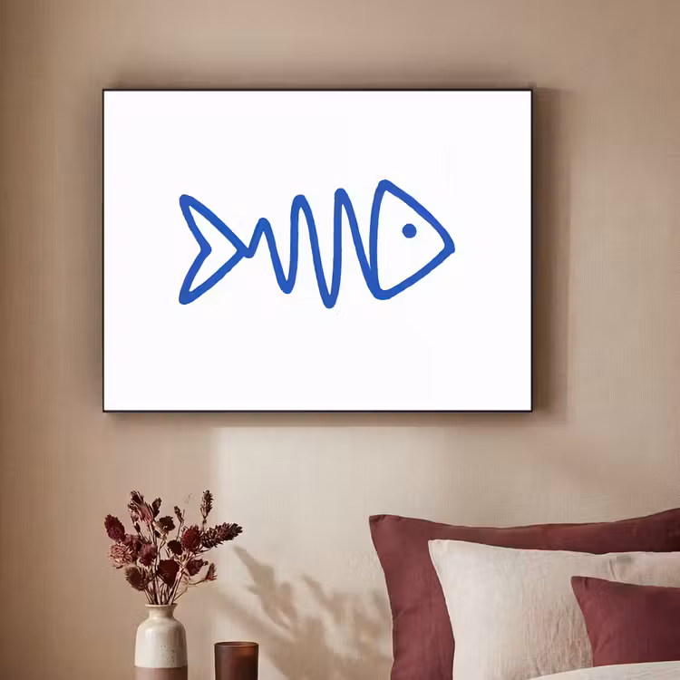 Vis - Minimalistisch - Blauw - Lijn Textielframe - compleet frame klein -sfeer1
